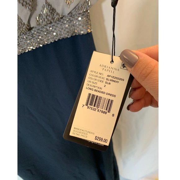 NWT‎ Adrianna Papell Beaded Colorblock Blouson Gown in Silver/Navy [SZ 2 ] - Picture 11 of 12